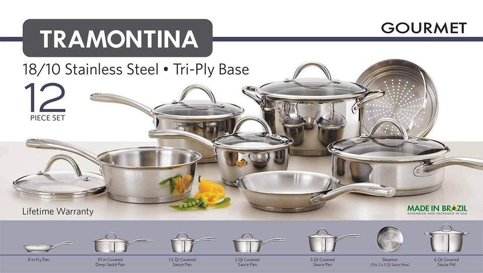 Tramontina 12-Piece Gourmet Tri-Ply Base Cookware Set, Stainless Steel